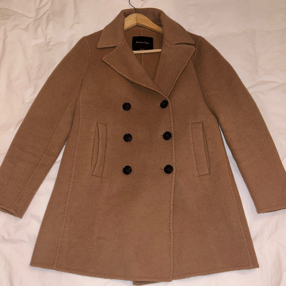 Massimo Dutti Camel Double-Breasted Wool Coat